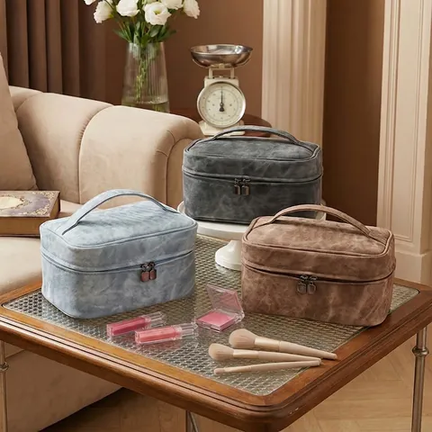 Borsa Da Trucco Grande Capacità Beauty Case Portatile Da Viaggio Con Maniglia Motivo Marmoreo Retrò In Pelle PU