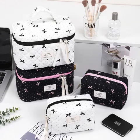 Quilted Cosmetic Bag Polka Dot Bow Makeup Pouch Portable Large Capacity Toiletry Organizer With Ribbon Zipper Pull