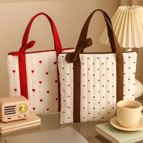 Quilted Cotton Handbag Heart Polka Dot Print Laptop Tote Bag With Bow Decor For Women Commute Storage Zipper Closure