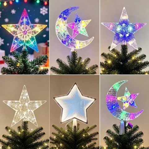 Christmas Tree Topper Star LED Light Up Glowing Transparent Plastic Pentagram Ornament For Holiday Party Decor Home