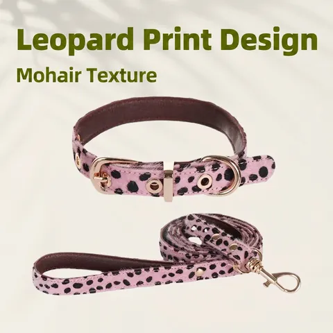 Leopard Print Pony Hair Pet Collar Harness And Leash For Dogs Cats Fashion Adjustable Faux Leather Gold Metal Buckle