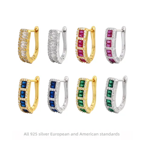 Pendientes de Aro de Plata de Ley 925 Incrustación de Circonia Geométricos en Forma de U Huggie Oro Plata Chapado Joyería Mujer Regalo