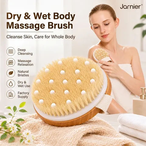 Bath Brush Body Scrubber Natural Boar Bristles Loofah Wood Handle Double Sided For Back Cleaning Shower Massage