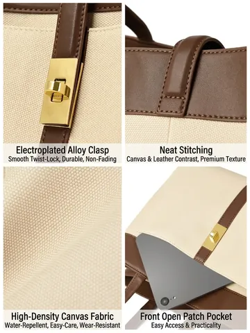 Bolso Tote de Lona Y Cuero PU para Mujer Gran Capacidad Diseño Color Block Bolso de Hombro Cierre de Giro Metálico