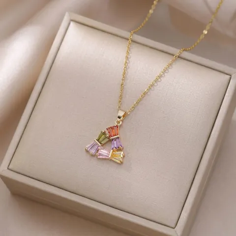 Colorful Zircon Triangle Pendant Necklace Women Titanium Steel Gold Plated Geometric Baguette Rainbow Jewelry Gift