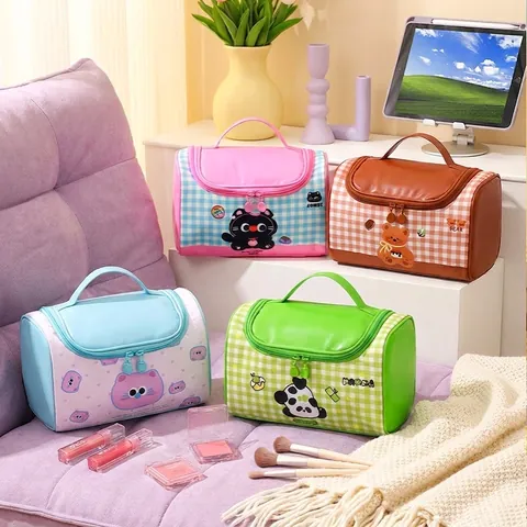 Borsa Da Trucco Gatto Panda A Scacchi Pelle PU Tessuto Oxford Grande Capacità Organizzatore Da Viaggio Portatile Sacco