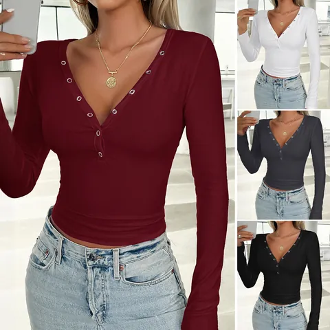 Women Long Sleeve T-Shirt V Neck Henley Ribbed Knit Top Slim Fit Solid Color Button Front Casual Base Layer Blouse