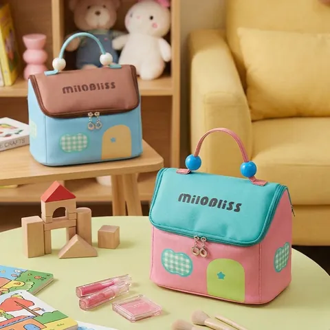 House Shaped Makeup Bag PU Leather Travel Cosmetic Organizer Large Capacity Partitioned Storage With Artificial Pearl Handle Cute