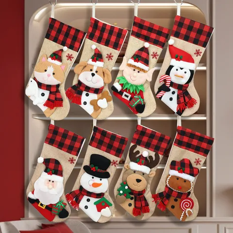 Christmas Stockings Burlap Buffalo Plaid 3D Santa Snowman Reindeer Hanging Fireplace Holiday Party Decor