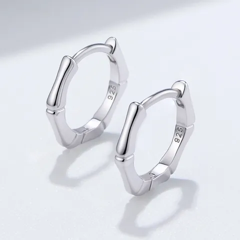 925 Sterling Silver Bamboo Joint Hoop Earrings Geometric Minimalist Textured Jewelry For Women
