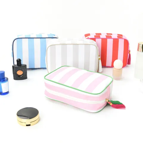 Striped Makeup Bag Polyester Tassel Zipper Portable Toiletry Organizer Travel Pouch Aesthetic Cosmetic Storage Bag