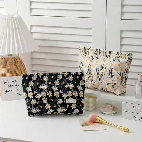 Gänseblümchen Stickerei Kosmetiktasche Polyester Reißverschluss Große Kapazität Tragbare Reise Make-up Aufbewahrung Tasche