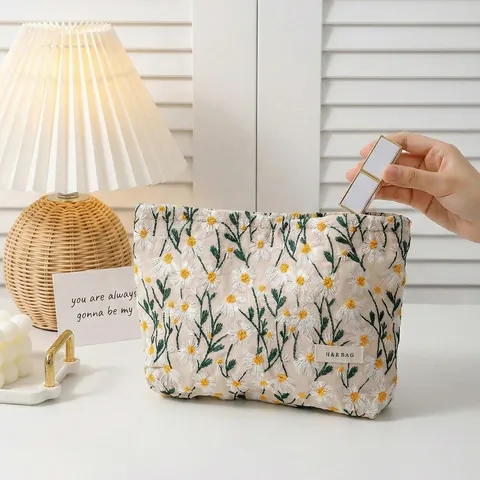 Gänseblümchen Stickerei Kosmetiktasche Polyester Reißverschluss Große Kapazität Tragbare Reise Make-up Aufbewahrung Tasche