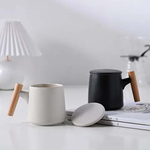 Minimalist Ceramic Mug With Beech Wood Handle Matte Frosted Coffee Tea Cup Including Lid And Filter Nordic Office Home Gift