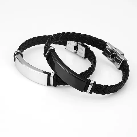 Braided Leather Bracelet With Stainless Steel ID Plate Rectangular Polished Metal Wristband Hip Hop Punk Style For Men