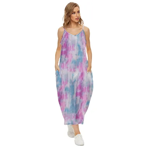 Robe Maxi Décontractée À Col En V Pour Femmes Impression 3D Ample Style Bohème Avec Poches Vêtements De Plage D'Été