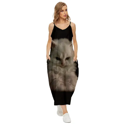 Robe Maxi Décontractée À Col En V Pour Femmes Impression 3D Ample Style Bohème Avec Poches Vêtements De Plage D'Été