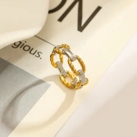 Minimalistischer Edelstahl Zweifarbiger Kettenring Für Damen 18K Vergoldeter Geometrischer Gliederkette Ring Mode Schmuck