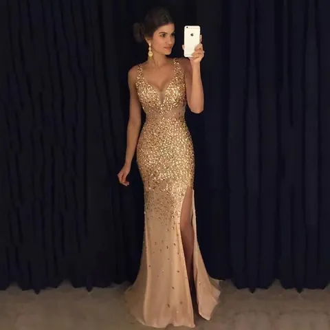 Vestido de Noche Elegante para Mujer Sexy con Cuello en V Sin Mangas y Lentejuelas Bronceado con Abertura Alta Fiesta