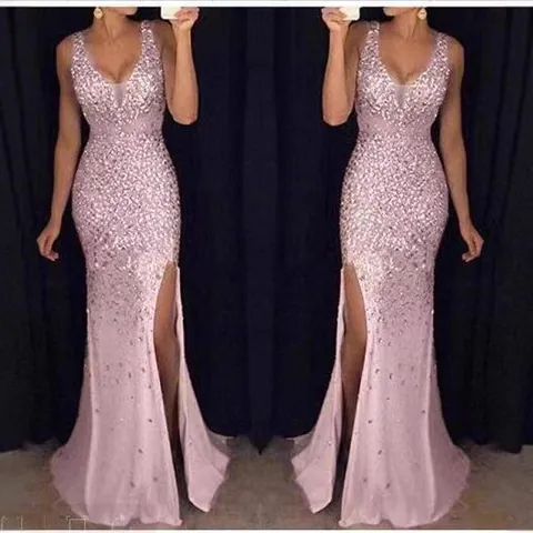 Damen Sexy V-Ausschnitt Ärmellos Bronzieren Paillette Hoher Schlitz Abendkleid Elegant Lang Maxi Partykleid Für Bankett
