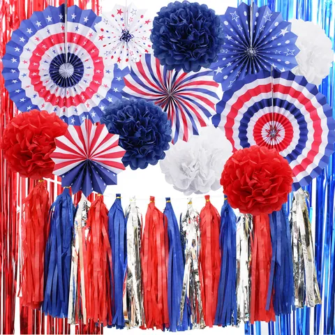 USA Flagge Party Dekoration Kit Unabhängigkeitstag Papierfächer Ballons Papierblumen Stern Banner Patriotische Rot Weiß Blau Zubehör