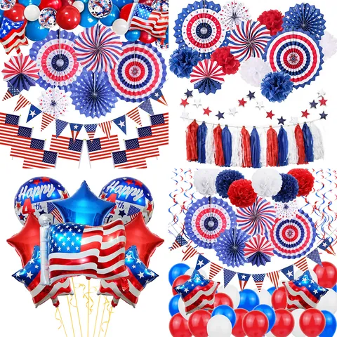 USA Flagge Party Dekoration Kit Unabhängigkeitstag Papierfächer Ballons Papierblumen Stern Banner Patriotische Rot Weiß Blau Zubehör