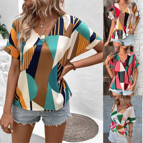 Women Casual V-Neck Short Sleeve Blouse Geometric Print Loose Pullover Polyester Shirt Summer Fashion Graphic Tops