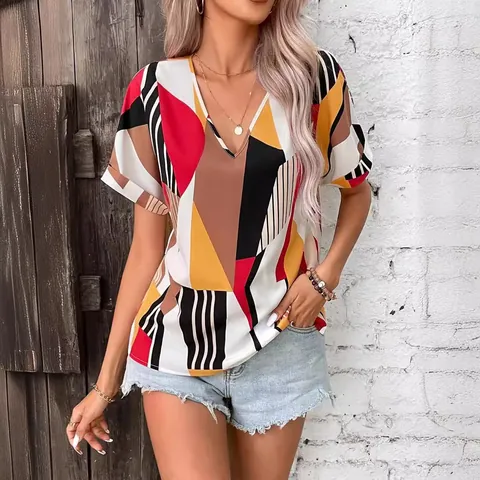 Women Casual V-Neck Short Sleeve Blouse Geometric Print Loose Pullover Polyester Shirt Summer Fashion Graphic Tops