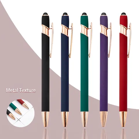 Aluminum Retractable Ballpoint Pen With Stylus Tip Matte Rubberized Barrel Rose Gold Metal Trim Office Business Writing Pen