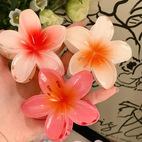 Gradient Plumeria Flower Hair Claw Clip Beach Resort Style Acrylic Shark Clip For Women Hair Styling Headwear Accessories