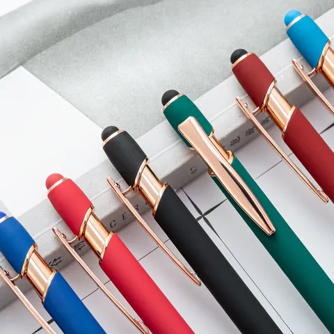 Aluminum Retractable Ballpoint Pen With Stylus Tip Matte Rubberized Barrel Rose Gold Metal Trim Office Business Writing Pen