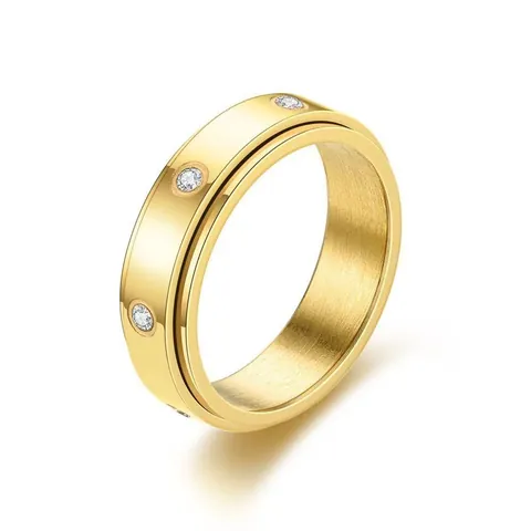 Stainless Steel Rotatable Spinner Ring With 6 Rhinestones For Men Women Minimalist Stress Relief Fashion Finger Jewelry Ring
