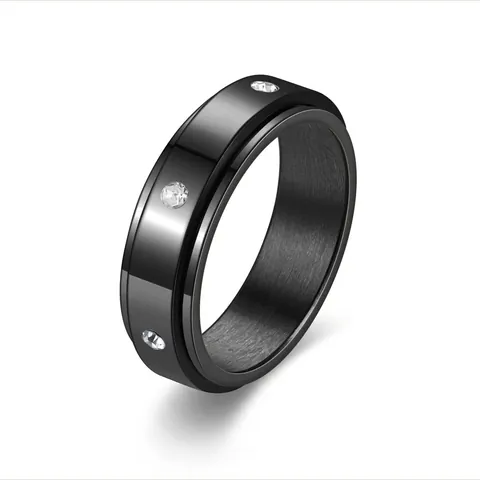 Stainless Steel Rotatable Spinner Ring With 6 Rhinestones For Men Women Minimalist Stress Relief Fashion Finger Jewelry Ring