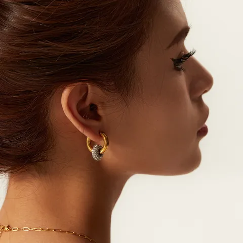 Orecchini a Cerchio in Acciaio Inossidabile Vintage Francese per Donna Placcati in Oro 18K Ciondoli con Strass Rimovibili Gioielli Impermeabili