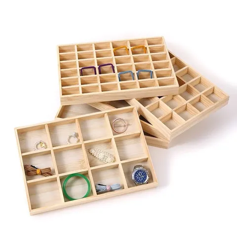 Natürliches Massivholz Schmuck Display Tablett Mehrgitter Holz Aufbewahrung Organizer Showcase Für Armband Halskette Perlen Edelstein