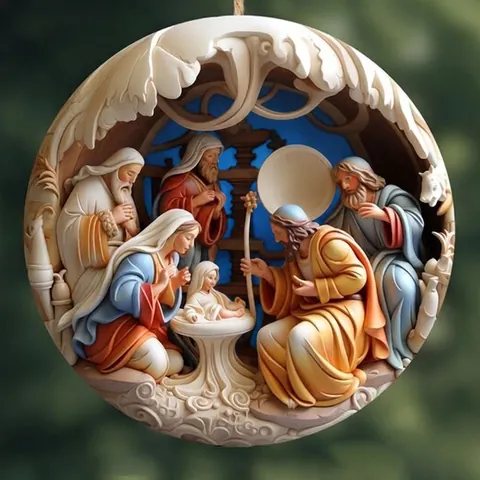Retro Nativity Scene Car Pendant Acrylic Ornament 3D Visual Effect Religious Christmas Hanging Decoration For Rear View Mirror Home Tree