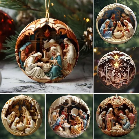 Retro Nativity Scene Car Pendant Acrylic Ornament 3D Visual Effect Religious Christmas Hanging Decoration For Rear View Mirror Home Tree