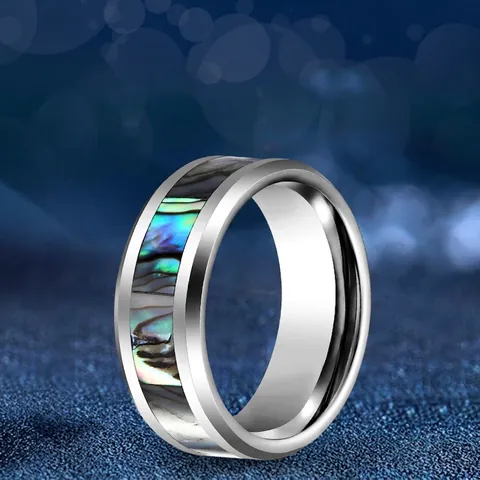 Minimalistischer Wolframstahl Ring Für Herren Damen Bunte Natürliche Abalone-Muschel Einlage Polierter Komfort-Passform Modeschmuck Ring