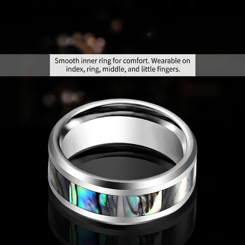 Anello Minimalista in Acciaio al Tungsteno per Uomo Donna Intarsio in Conchiglia di Abulone Naturale Lucido Gioielli di Moda