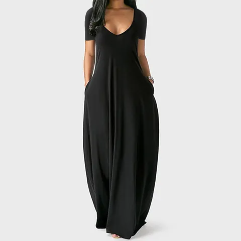 Robe Longue Maxi Grande Taille Femme Sexy Col en V Profond Manches Courtes Avec Poches Décontractée Fluide Couleur Unie Coupe Trapèze