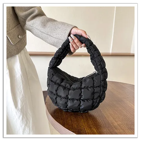 Korean Style Mini Quilted Nylon Cloud Bag For Women Puffy Grid Pleated Underarm Bag Leisure Down Cotton Filled Handbag