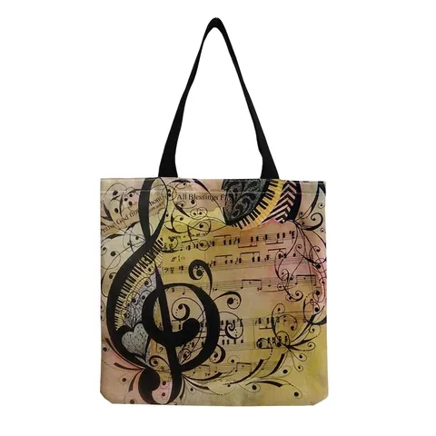 Musical Note Piano Print Polyester Tote Bag Harajuku Style Casual Shoulder Bag Foldable Shopping Bag For Women