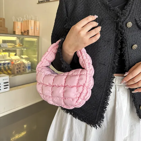 Korean Style Mini Quilted Nylon Cloud Bag For Women Puffy Grid Pleated Underarm Bag Leisure Down Cotton Filled Handbag