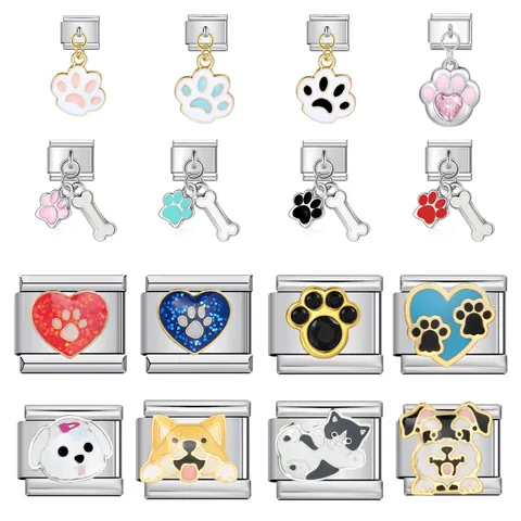 Ciondolo in Acciaio Inossidabile per Bracciale Maglia Italiana Fai da Te Gioielli Impronta Zampa Osso Cuore Smalto Strass
