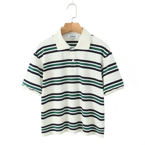 T-Shirt Polo a Righe Vintage e Mini Gonna a Pieghe Donna Patchwork Top a Maniche Corte Stile Preppy Abbigliamento Streetwear
