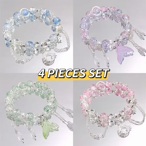 Sweet Mori Style Moon Star Crystal Beaded Bracelet For Women Zinc Alloy Artificial Pearl Whale Tail Charm Bracelet Jewelry