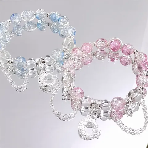 Sweet Mori Style Moon Star Crystal Beaded Bracelet For Women Zinc Alloy Artificial Pearl Whale Tail Charm Bracelet Jewelry