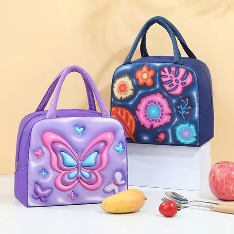 Bolsa de Almuerzo Aislada con Relieve 3D Dibujos Animados Tela Oxford Papel de Aluminio Engrosado Térmica para Estudiantes Oficina Picnic