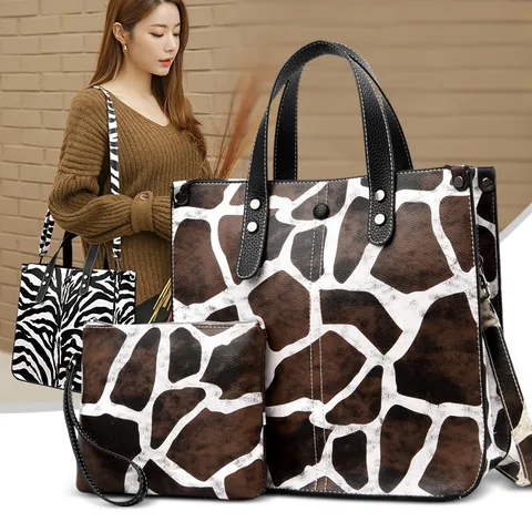 Women Fashion Animal Print Tote Bag With Pouch Set PU Leather Leopard Giraffe Pattern Shoulder Handbag Large Capacity Set