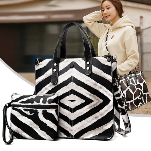 Women Fashion Animal Print Tote Bag With Pouch Set PU Leather Leopard Giraffe Pattern Shoulder Handbag Large Capacity Set